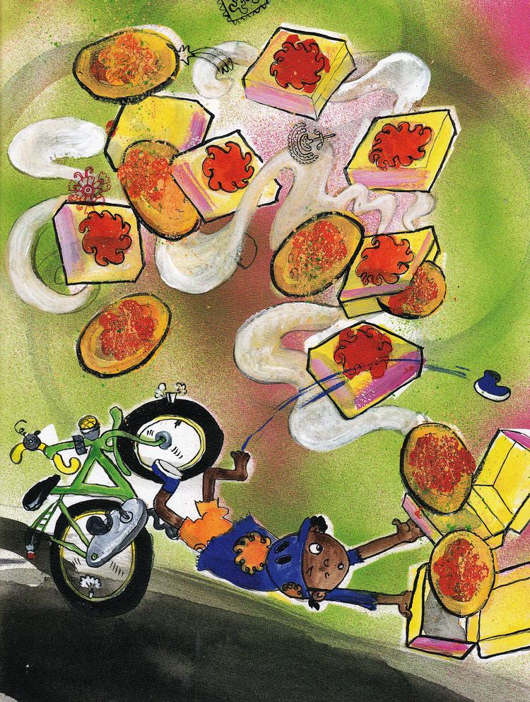 Pronto.  Zakis far er pizzabager, hvilket  af og til får konsekvenser for Zaki. Eksempelvis når han må afløse pizzabuddet. Illustration: Mette-Kirstine Bak 