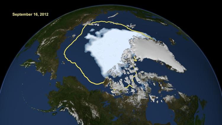 smeltende. På dette billede fra Nasa kan man ifølge nyhedsbureauet AP se, hvor meget sommeris der var i søndags sammenlignet med den gennemsnitlige udbredelse af isen på samme tidspunkt i perioden fra 1979 til 2000. 