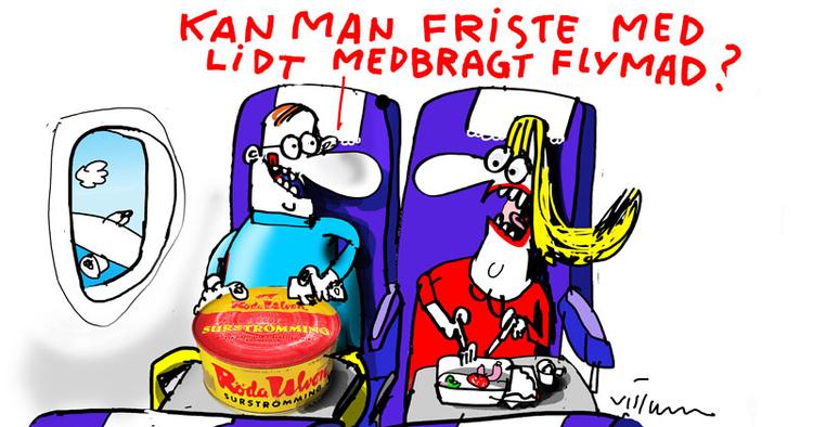 LUGTFRI? Kraftigt lugtende mad kan være en dum ide at tage med på en flytur. TEGNING: JØRN VILLUMSEN 