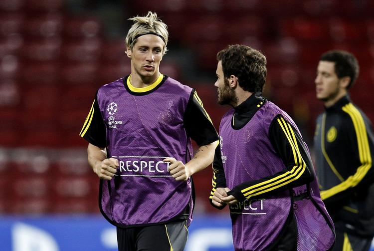 Kamp. Chealseas Fernando Torres og Juan Mata under træningen før mødet med FC Nordsjælland. 