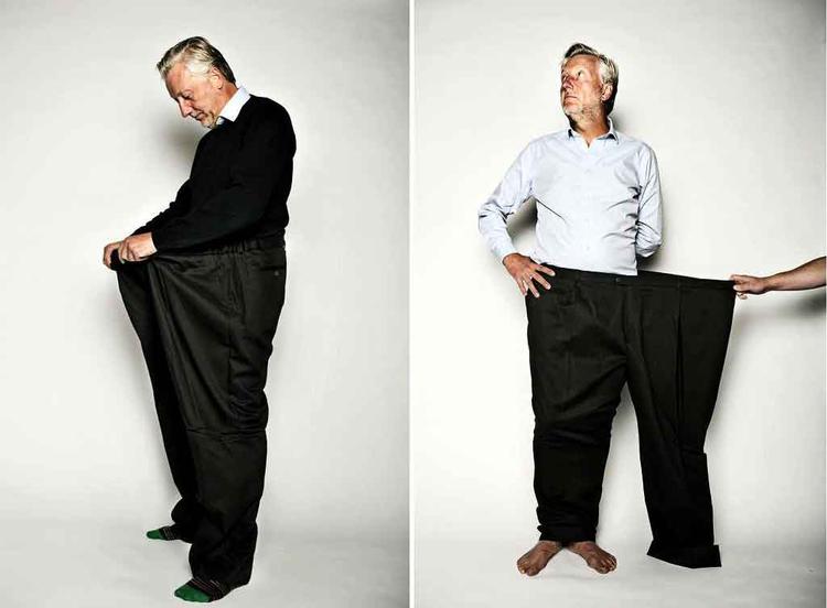 Stor størrelse. Arne Astrup prøver tøj, i dette tilfælde bukser af størrelse XXXXXXXXL - det er otte gange X - som er de største på markedet herhjemme. Han har selv et gen, som 16 procent af befolkningen har, der gør, at han sagtens kan spise mere, selv om han er mæt: »Hvis jeg spiste og drak det, jeg havde lyst til, ville jeg være svært overvægtig«. 