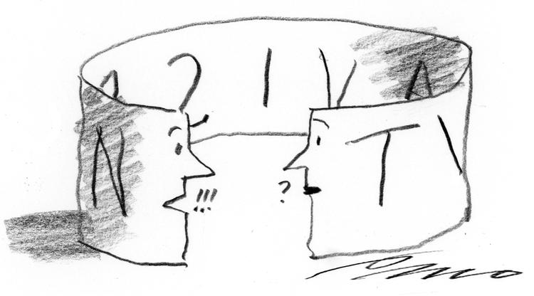 DR. »Tænk bare, hvad der kan spares i taxaboner, hvis man helt forbyder korrespondenterne at forlade matriklen«, skriver Nils 'Niller' Thorsen. Tegning: Per Marquard Otzen 