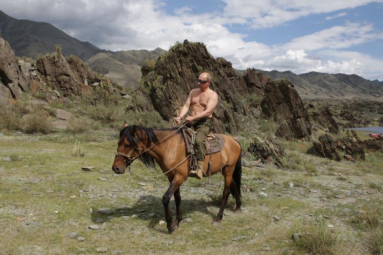 Super-Putin. Manden, der kan alt, ses her til hest i den sibiriske natur. 