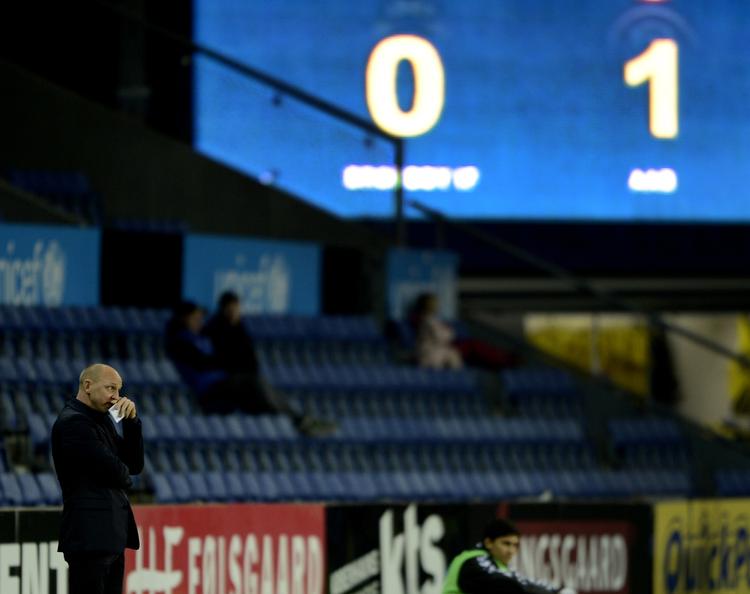 BAGUD. Første halvleg startede fint for Brøndby, men efter et kvarter var Auri Skarbalius' tropper bagud. 