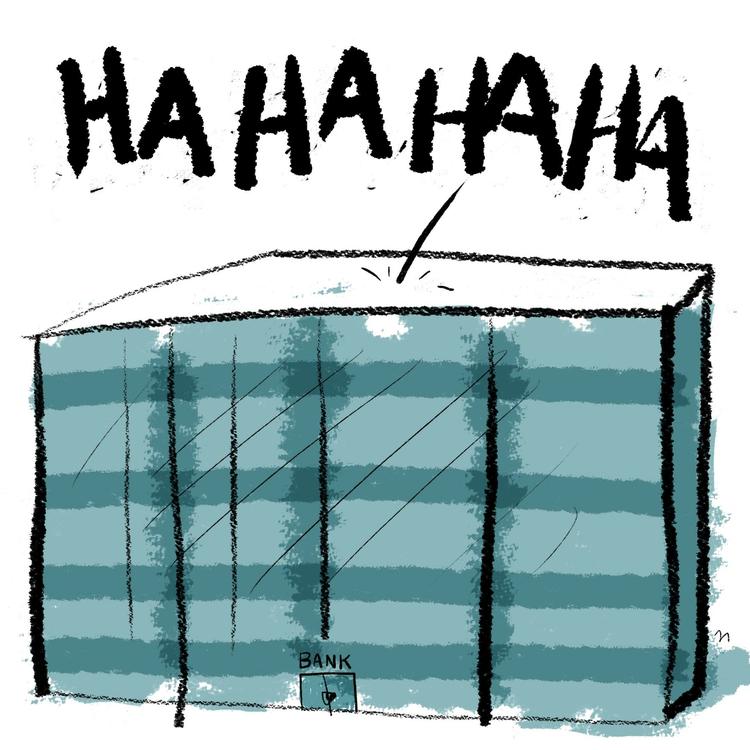 Pengeglæde. Bankernes brancheorganisation Finansrådet indrømmer, at bankerne skovler penge i kassen i øjeblikket for at indfri aktionærernes forventninger. Tegning: Mette Dreyer 
