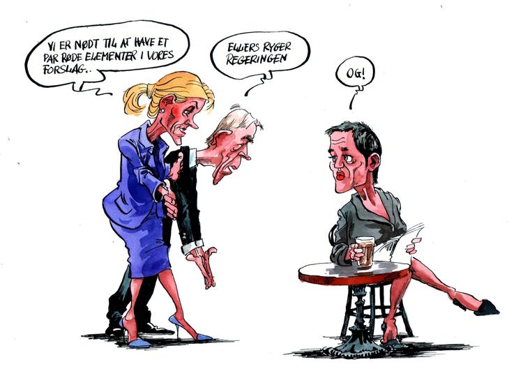 Magtspil. Politikens tegnere har jævnligt ironiseret over, at Margrethe Vestager tilsyneladende bestemmer mere end Helle Thorning-Schmidt. Her er det tegner Roald Als' vurdering af situationen tidligere på året. 