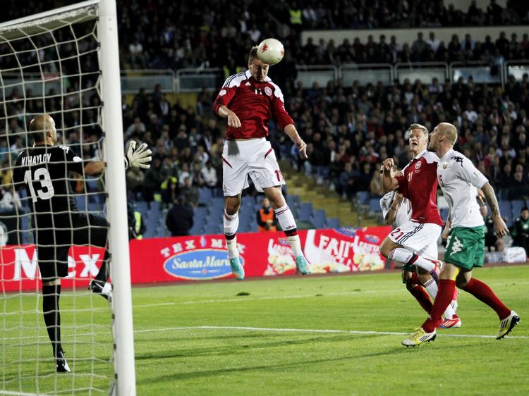 Målscorer. Tilbagevendte Nicklas Bendtner headede den danske udligning ind. 