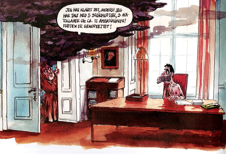 Nedslag. Udenrigsministeren har været på fredsmission  i Mellemøsten (Politiken 19. februar 2006).  Tegninger fra bogen: Roald Als 