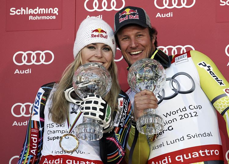 Duel. Hvis alt går efter Lindsey Vonns hoved, så får norske Aksel Lund Svindal (t.h.) og resten af mændene i det alpine World Cup-cirkus besøg af skidronningen i Canada om en måneds tid. 
