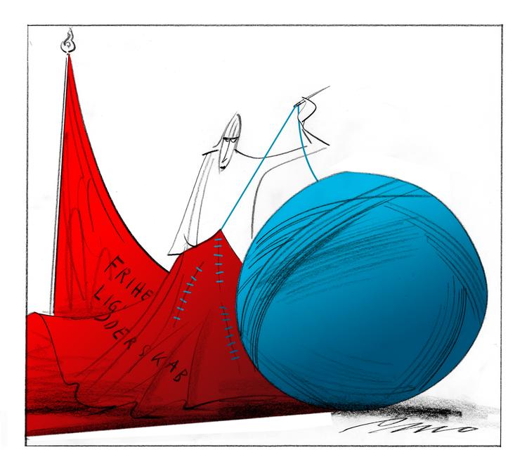 Sammenhold. Den største trussel mod sammenholdet i arbejderklassen i disse år er regeringens systematiske forsøg på at »øge arbejdsudbuddet« gennem en stribe reformer, der gør det sværere og sværere at overleve uden for arbejdsmarkedet, skriver Finn Sørensen (Enhl.). Tegning: Per Marquard Otzen 