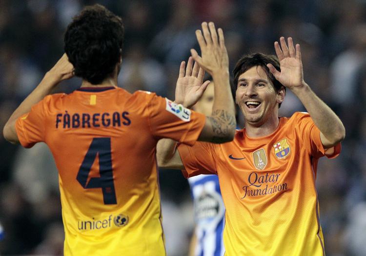 Målorgie. Messi og Fabregas fik rig lejlighed til at juble. 