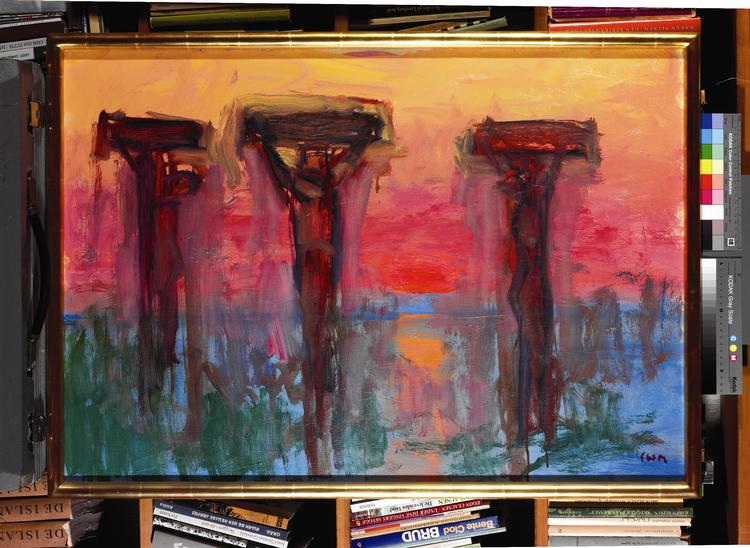 Korsfæstet. Kunstneren Sven  Havsteen-Mikkelsen malede adskillige variationer over motivet Golgata, her i en privatejet version fra 1980. Foto: Museet for Religiøs Kunst 