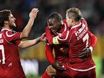 Jubel. Nordsjællands Søren Christensen, Jores Okore og Nicolai Stokholm jubler efter scoring til 1-0. 