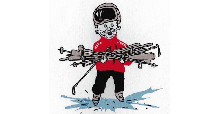BRÆNDE. Det er ofte børn - eller fædre der bærer på alt for mange ski - der bærer dem som var det en brændestabel. 