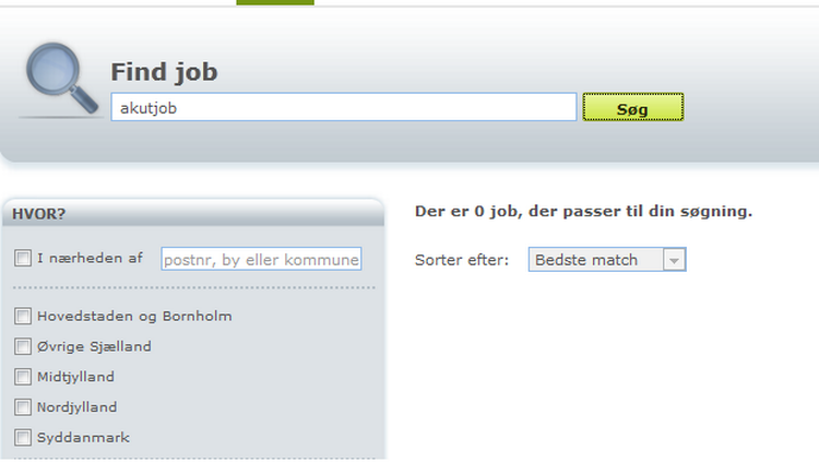Nitte. Der er indtil videre ingen akutjob at søge efter hos jobnet.dk. Screendump fra jobnet.dk. 