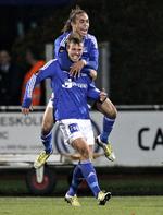kampklar. Yussuf Poulsen (øverst) jubler over en scoring i tiden som Lyngby-spiller. 