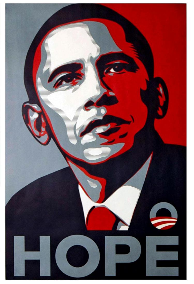 Håb. Shephard Faireys plakat 'Hope' fra Obamas valgkampagne i 2008 (klik på billeder for at se fuld størrelse). 