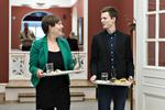 Medlemsdebat. Sundhedsminister Astrid Krag og partiets politiske ordfører, Jesper Petersen, udveksler meninger før valget til formandskandidat. 