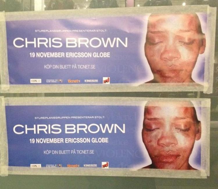 TÆSK. Rihannas forslåede ansigt bliver brugt på falske Chris Brown-plakater i Stockholm. 