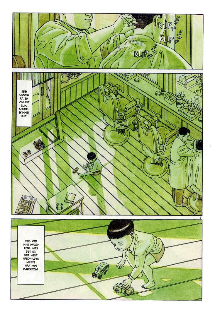 Lysegrønt. Håbets farve. En dejlig  forårseftermiddag. En lun og solbeskinnet plet. Det mest fredfyldte minde fra Yoichis barndom. Tegning fra bogen 