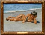 På stranden. J.F. Willumsens maleri af en liggende dreng er fra 1904. Uden titel.