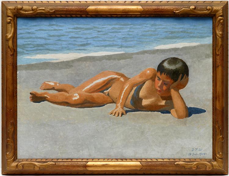 På stranden. J.F. Willumsens maleri af en liggende dreng er fra 1904. Uden titel.