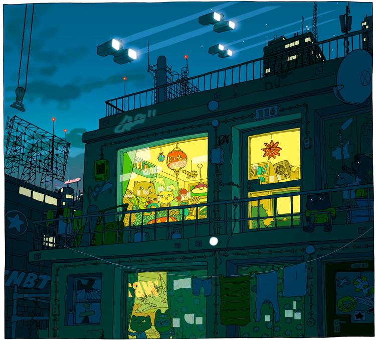 Inspiration. Udstillingen af hans striber og illustrationer viser inspiration fra den store verdens billedstrømme: Mumitroldene, Moebius og Miyazaki. Illustrationer: Strid 