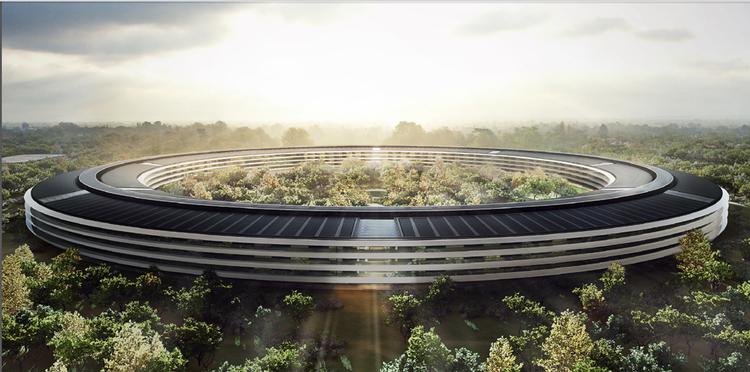 ARKITEKTUR. Apples nye kæmpebygning, der skal huse forskere og support-personale, ligner et Apple-produkt, selvom du ikke kan købe den i en butik. 