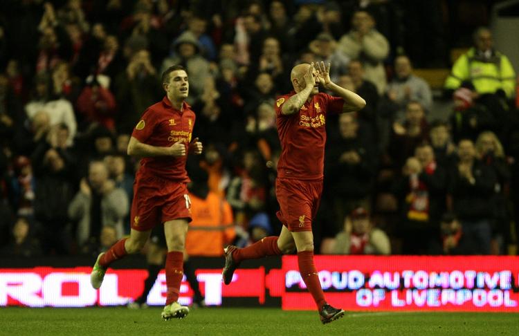 Jubel. Jonjo Shelvey bragte Liverpool på 1-0. 