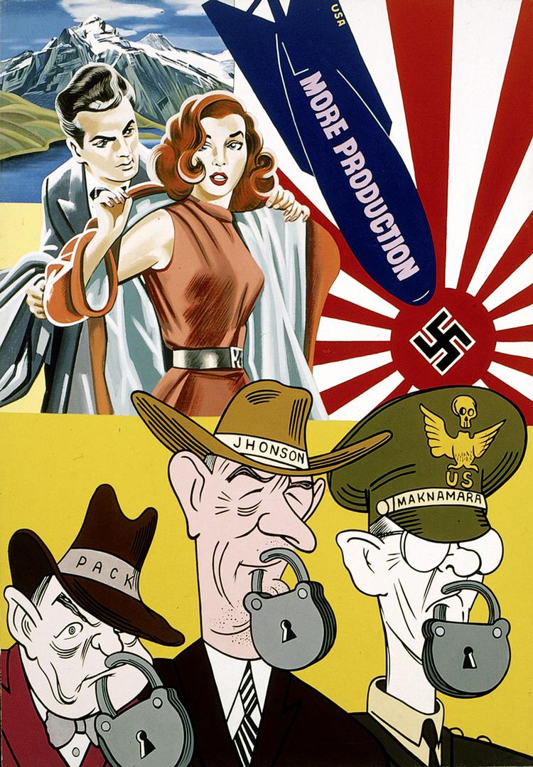 Humoristisk. Med sine politiske karikaturer af, hvordan det moderne liv bør leves, er 'More Production' fra 1974 et typisk Erró- maleri. 