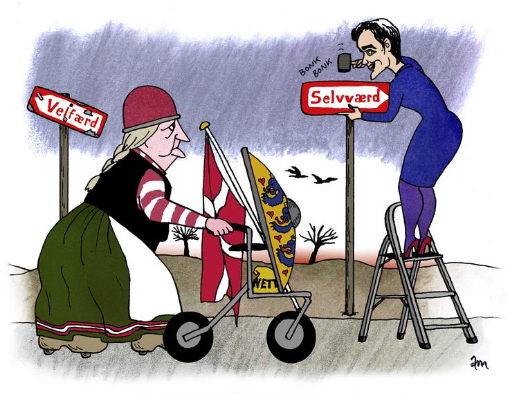 Selvhjælp. Nogle taler om en selvværdsmodel frem for en velfærdsmodel. Tegning: Anne-Marie Steen Petersen 