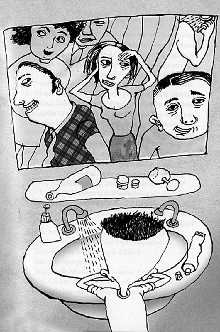 PRIVATLIV. Andreas kunne godt ønske sig flere badeværelser, når huset er fyldt med gæster. Fra 'Drengen der gik baglæns'. Illustration: Lilian Brøgger 