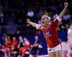 Videre. Ann Grete Nørgaard er glad. Efter en scoring. Nu kan hun og holdet glæde sig til Tjekkiet, Serbien og Norge. 