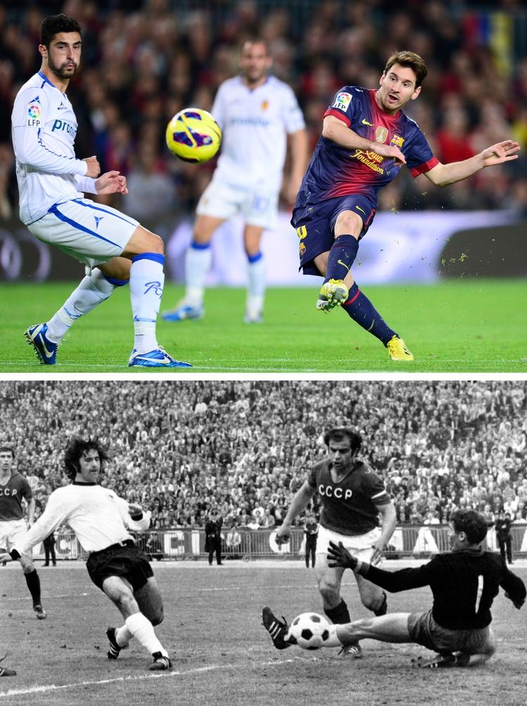 REKORDEN. I 1972 scorede Gerd Müller (nederst) 85 mål, men nu er Lionel Messi (øverst) oppe på 86. 