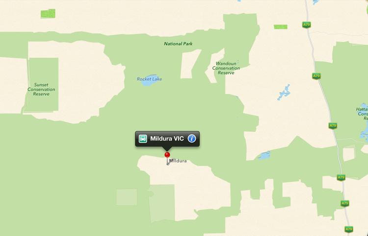 BOMMERT. "Mildura" ses her midt i Murray-Sunset National Park. I virkeligheden ligger byen nord for hovedvejen til højre i billedet. 