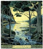 Hobbitten. De fleste af Tolkiens illustrationer er akvareller som denne af de tønder, hvori de tretten dværge og Bilbo Sækker undslap skovelvernes konge og nåede til flådeelvernes kyst.  Illustration af J.R.R. Tolkien efter bogen 