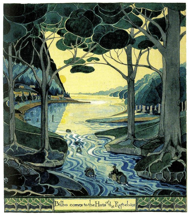 Hobbitten. De fleste af Tolkiens illustrationer er akvareller som denne af de tønder, hvori de tretten dværge og Bilbo Sækker undslap skovelvernes konge og nåede til flådeelvernes kyst.  Illustration af J.R.R. Tolkien efter bogen 