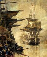 'Flådens ran' er den klare titel på Christian Mølsteds maleri, der viser den danske flåde på vej ud af Københavns havn – under britisk flag. Foto fra bogen 