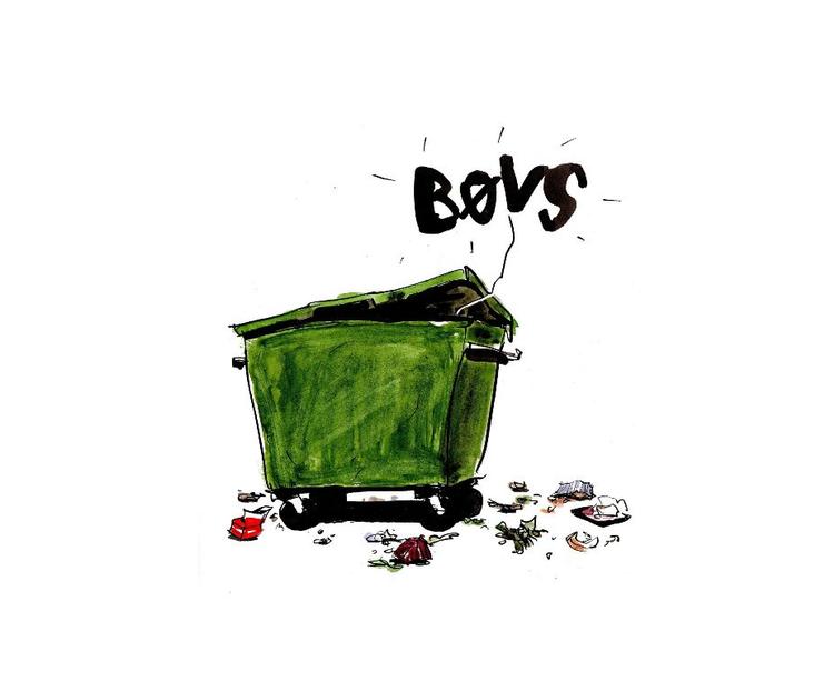 Velbekommen. Skraldespanden lever også godt i december måned, hvor danskerne smider mad ud for 1,5 milliarder kroner. Tegning: Mette Dreyer 