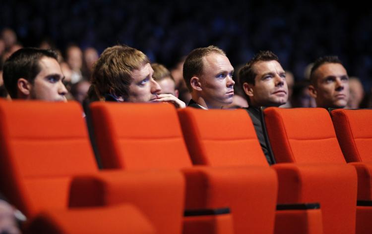 stjerneparade. Mange af Tour-stjernerne var til stede, da næste års rute - pånær startstedet - blev præsenteret i oktober. Fra venstre ses Alberto Contador , Bradley Wiggins, Christopher Froome, Cadel Evans og Philippe Gilbert. 