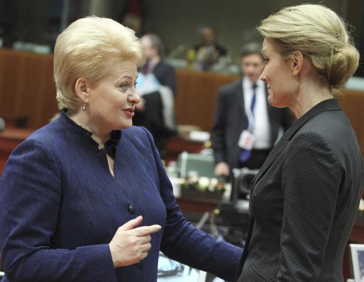 pausesnak. Helle Thorning-Schmidt diskuterer med sit litauske kollega, Daila Grybauskaite, på EU-topmødet i Bruxelles. 