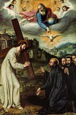 JESU HJÆLP. 'Visionen i La Storta', romersk maleri fra før 1611. Om billedet fortælles det: »Ignatius af Loyola ses her sammen med sine sammensvorne på den afgørende vej til Rom. Her ville de søge pavens stadfæstelse af den orden, de havde grundlagt i Paris i 1535. Til  jesuiterordenens grundlæggelsesmyter hører visionen i La Storta, en lille by uden for Rom. Det sidste, man i Apostlenes Gerninger hører om Paulus, er, at han står ved Roms forstæder. Sådan stod  også Ignatius i 1536, men da kom Jesus med sit kors til ham i en vision«. 