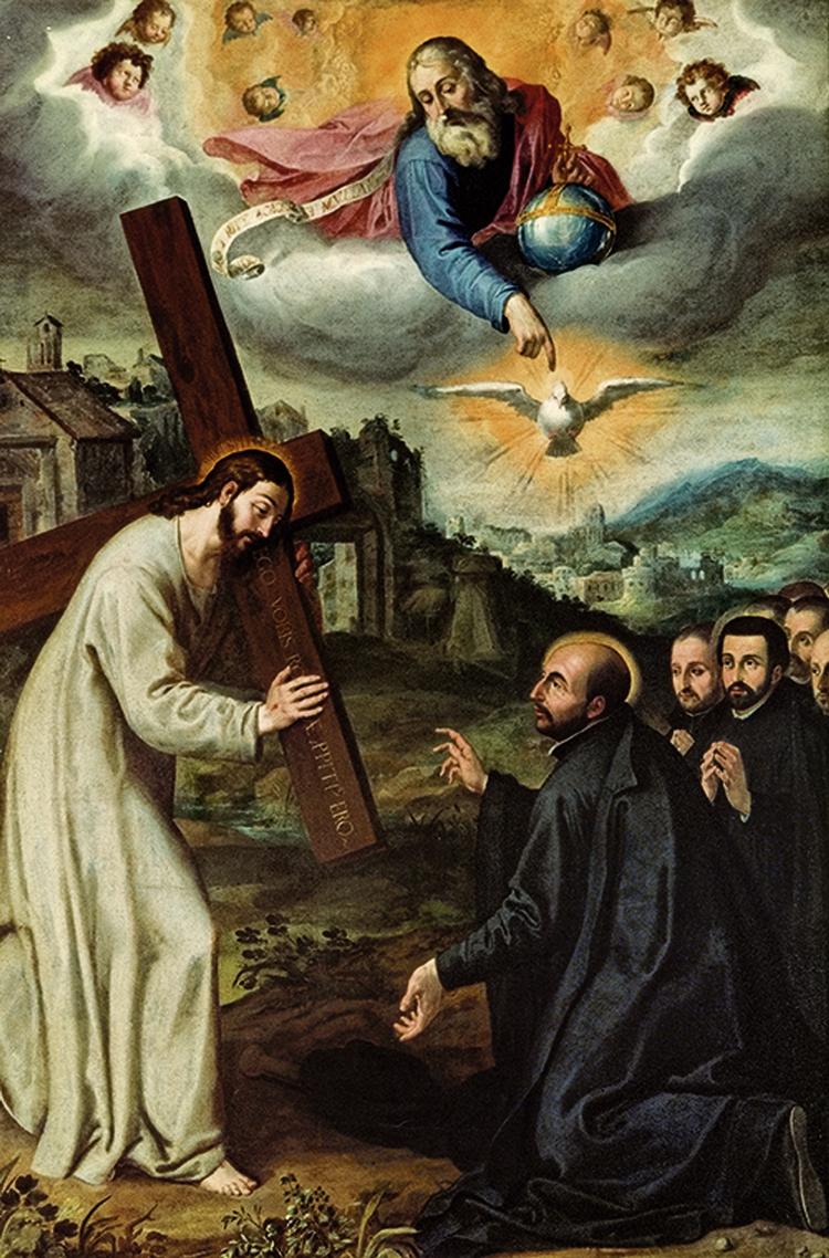JESU HJÆLP. 'Visionen i La Storta', romersk maleri fra før 1611. Om billedet fortælles det: »Ignatius af Loyola ses her sammen med sine sammensvorne på den afgørende vej til Rom. Her ville de søge pavens stadfæstelse af den orden, de havde grundlagt i Paris i 1535. Til  jesuiterordenens grundlæggelsesmyter hører visionen i La Storta, en lille by uden for Rom. Det sidste, man i Apostlenes Gerninger hører om Paulus, er, at han står ved Roms forstæder. Sådan stod  også Ignatius i 1536, men da kom Jesus med sit kors til ham i en vision«. 
