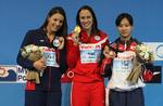 GULD. Som den eneste af danskerne vandt Rikke Møller Pedersen (i midten) to guldmedaljer, da hun i 200 meter brystsvømning besejrede amerikaneren Laura Sogar (tv.) og japaneren Kanako Watanabe. 