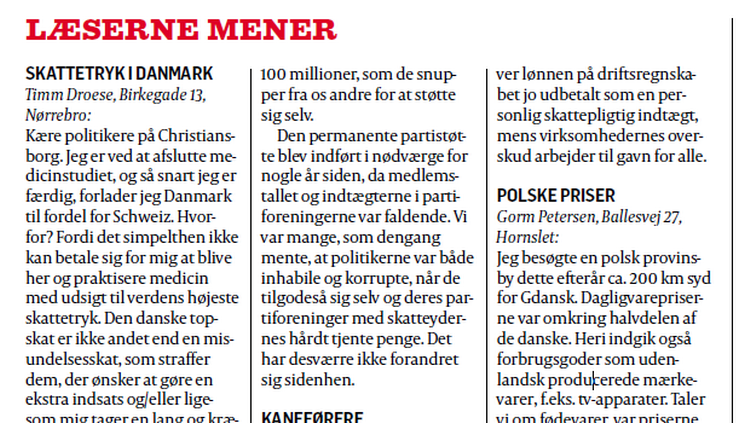 Læserbrev. 'Timm Droeses' læserbrev i Politiken 23. december. 