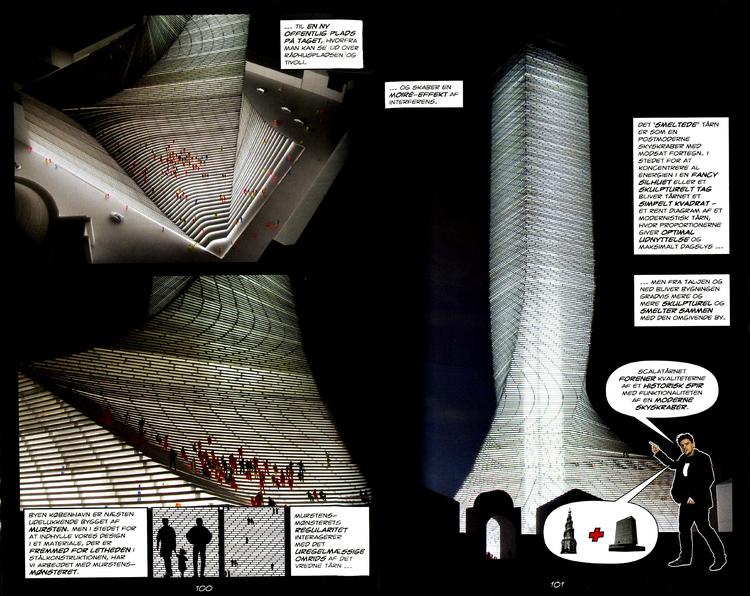 tegneseriehelt. Bjarke Ingels er allestedsnærværende, når han guider læseren igennem tegnestuens projekter. Illustration:  Fra bogen/udsnit 