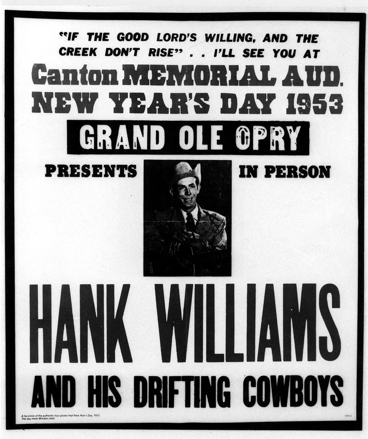 Tragedie. Plakaten for Hank Williams' koncert i Canton, Tennessee, er måske et falsum, der blev lavet for at tjene penge på stjernens død. 