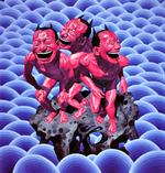 Isolation. 'Isolated Island' er et eksempel på, hvordan Yue Minjun i de seneste år er begyndt at sample sin smilende mand med elementer fra fortidens dinosaurer.