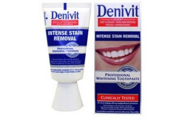 Mundskrub. Denivits tandpasta ved navn 'Intense Stain Removal' er blandt de produkter, der indeholder parabener. 