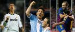 Top-3. Messi (i midten) vandt Ballon d'Or 2012 foran Ronaldo (t.v.) og Iniesta. 